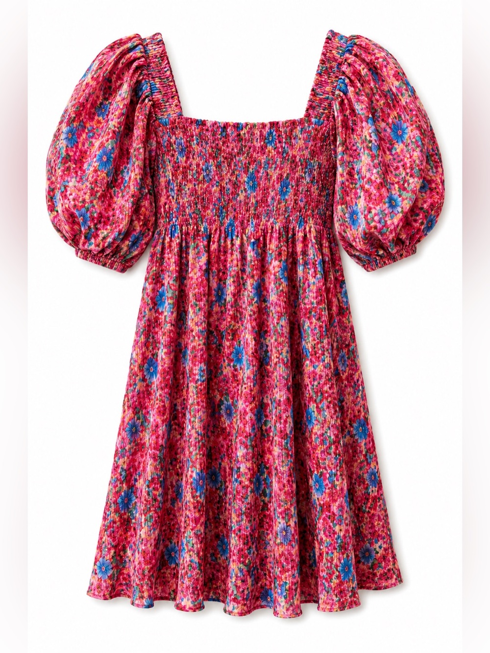 Zara Bright Floral Smocked Plissé Puff Sleeve Mini Dress M New